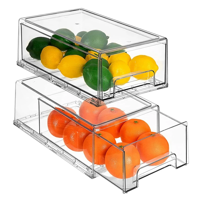 Fridge Drawers -Stackable Pull Out Refrigerator Organizer Bins - Food Storage Containers For Kitchen, Refrigerator 2Pcs