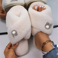 womens slippers shoes faux fur slides cute fox decor flat sandals luxury designer flip flops female winter plush slippers 2022