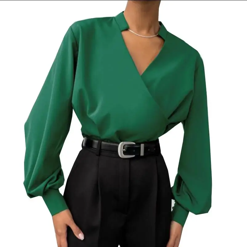 

Europe Fashion Long-sleeved Shirt Women V-neck Blouse Solid Color Female Blusas Tops Blusa Feminina Chemise Femme 2022 w178