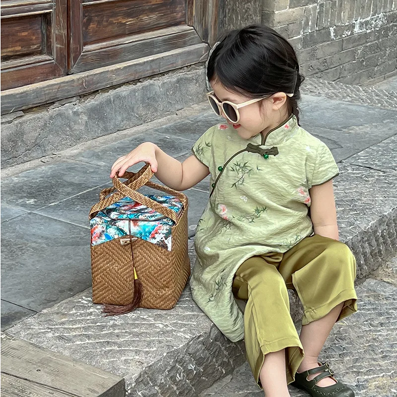 

Kids Clothes Set New Summer Girls Short Sleeve Floral Qipao Tops Solid Pants Girls Sets Chinese Style Kids 2pcs 2-7T