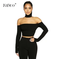 yiduo fashion women t shirt long sleeve slim off shoulder sexy choker halter crop top 2022 spring black tops y2k streetwear