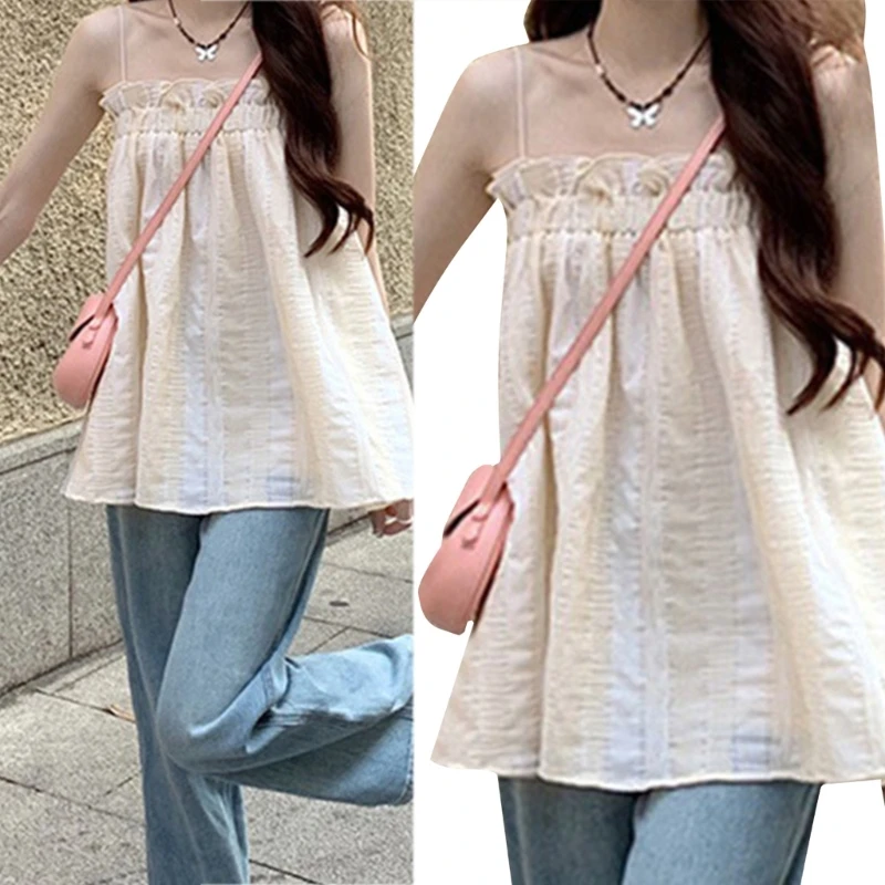 

Summer Loose-fit Tops Suspenders Spaghetti Straps Sweet Tanks Vest Solid Color Ruffle Casual Apricot Top for Womens Girl
