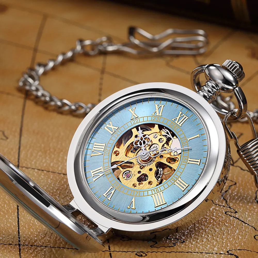 Vintage Mechanical Pocket Watch Roman Dial Hand Winding  Hollow Skeleton Steampunk Clock Full Steel Pocket Watch Chain Gifts