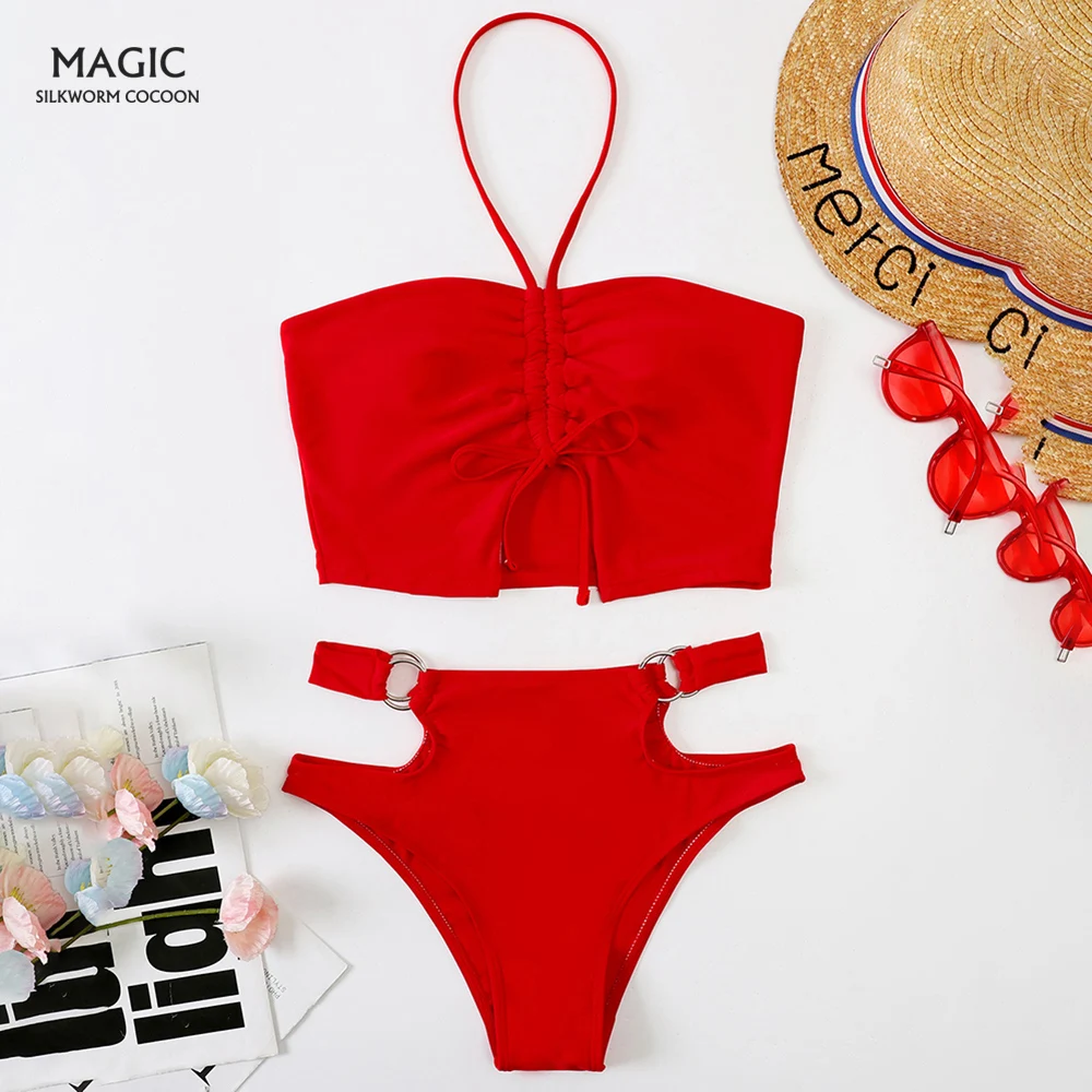 

High Waist Swimwear Summer Sexy Gathered Bikini Set Lady's Solid Swimwear Female Bandage Swimsuit Women Bathing Suit Beach Wear