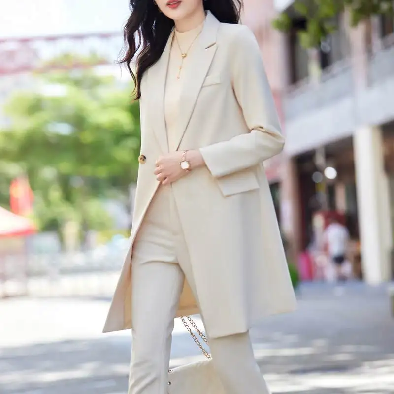 Khaki High Quality Autumn Winter Formal Ladies Lengthen Blazer Women Business Suits Work Wear Office Uniform  Pants Jacket Sets
