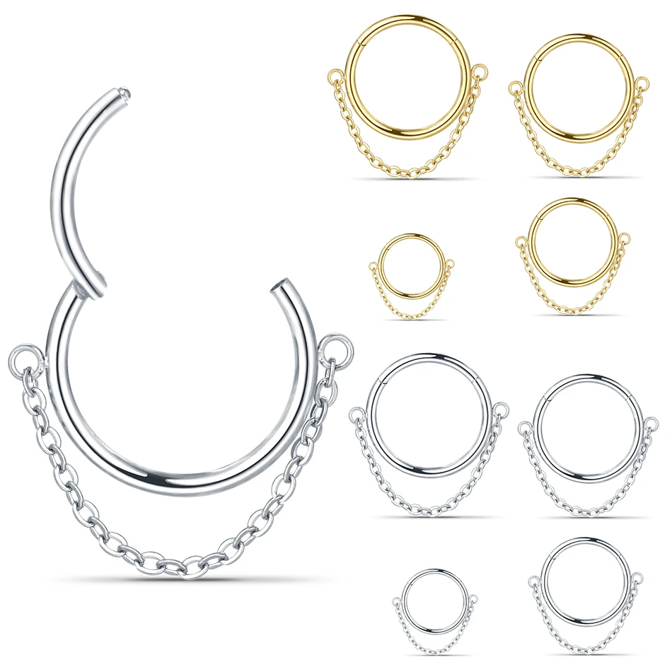 

16G Hinged Segment Clicker Septum Nose Ring with Chain Surgical Steel Earring Hoop Cartilage Helix Conch Nipple Piercing Septo