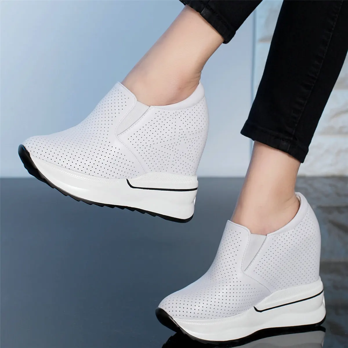 12cm Super High Heels Shoes Women Breathable Cow Leather Wedges Platform Pumps Female Round Toe Fashion Sneakers Casual Shoes