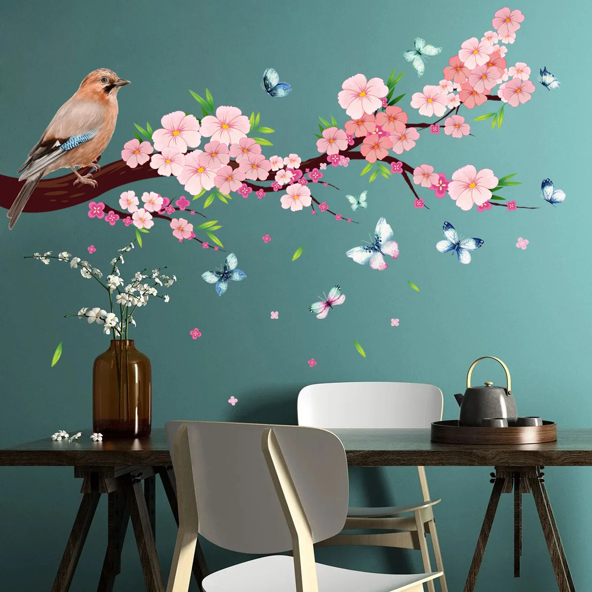 

Cartoon Peach Blossom Butterfly Bird Wall Sticker Living Room Bedroom Background Wall Beautification Decoration Creative Sticker