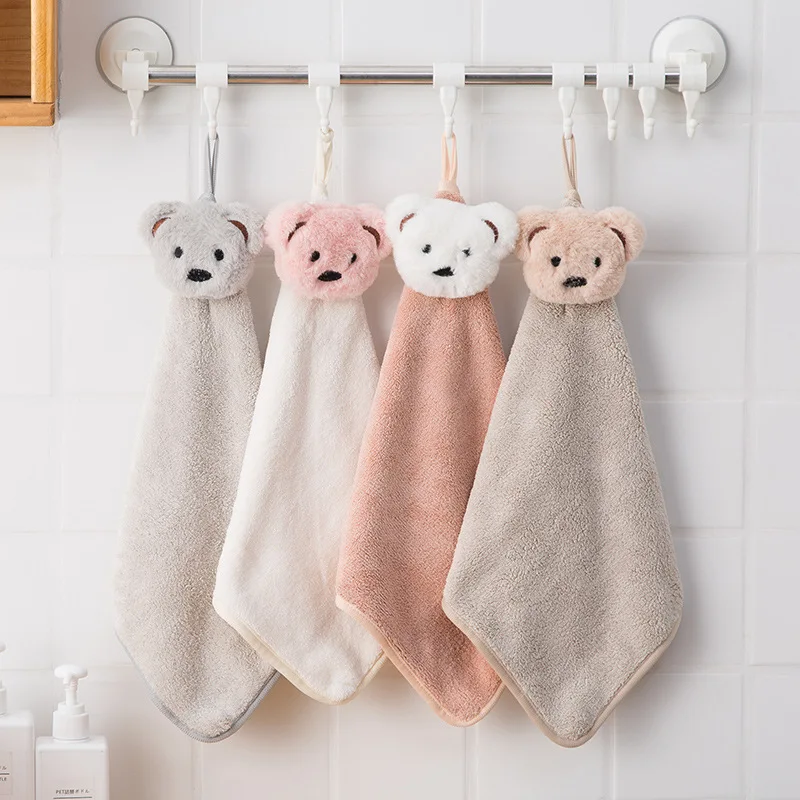 

New Cartoon Four Color Optional Coral Fleece Bear Wipes Lovely Suction Hanging Hand Towel Kitchen Toilet Available