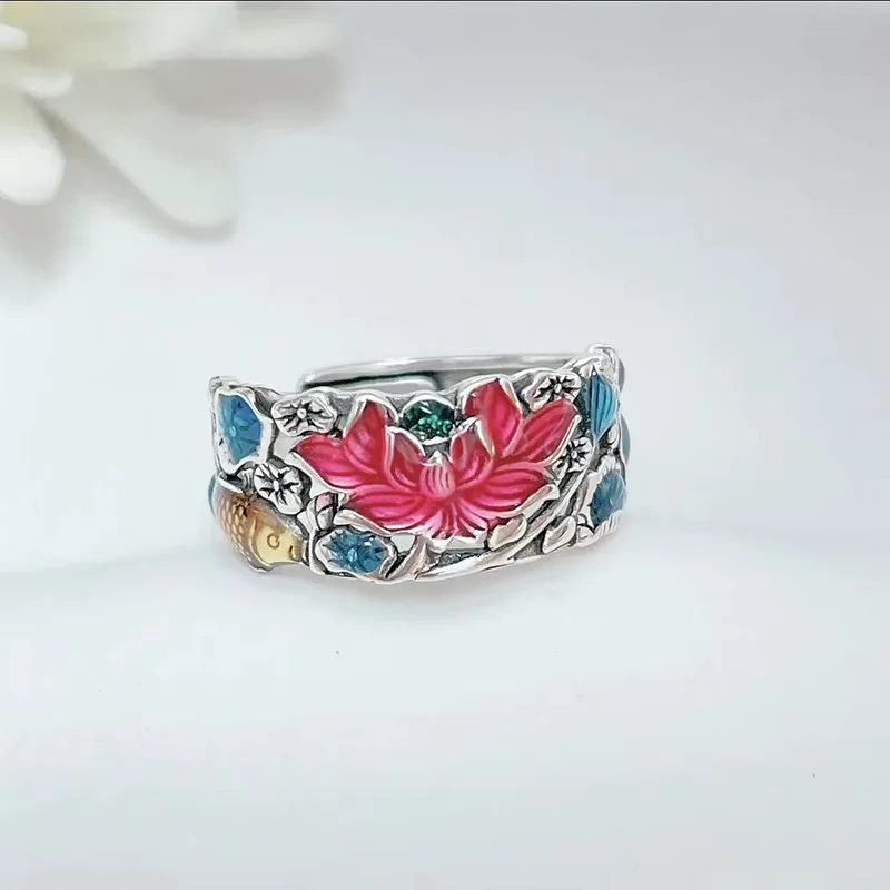 Купи Fashion Colour Koi Lotus Rings For Women Holiday Gift Vintage Enamel Open Index Finger Ring Retro Luxury Jewelry Accessories за 197 рублей в магазине AliExpress