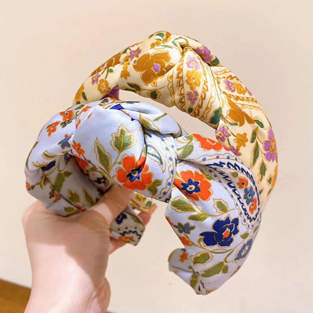 Богемный этнический цветочный атласный ободок с узлом, ободок для волос, аксессуары для волос, широкие этнические повязки для волос