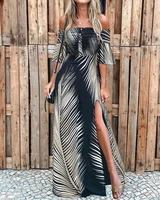 2022 sexy women summer dress off shoulder smoked cutout leaf print slit dress casual maxi dress chic party long dresses