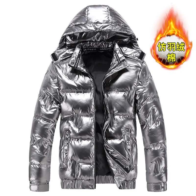 Bright Leather Winter Men's Jacket Casual Parka Outwear Waterproof Puffer Padding Warm Stand With Hood Outwearing Coat