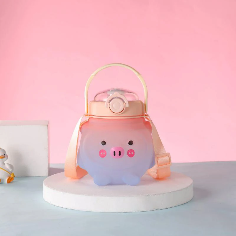 

1L Water Bottle For Girls Cute Gradient Straw Tumbler Children Drink Kettle Portable Travel Plastic Mug Cartoon Piggy Kawaii Cup