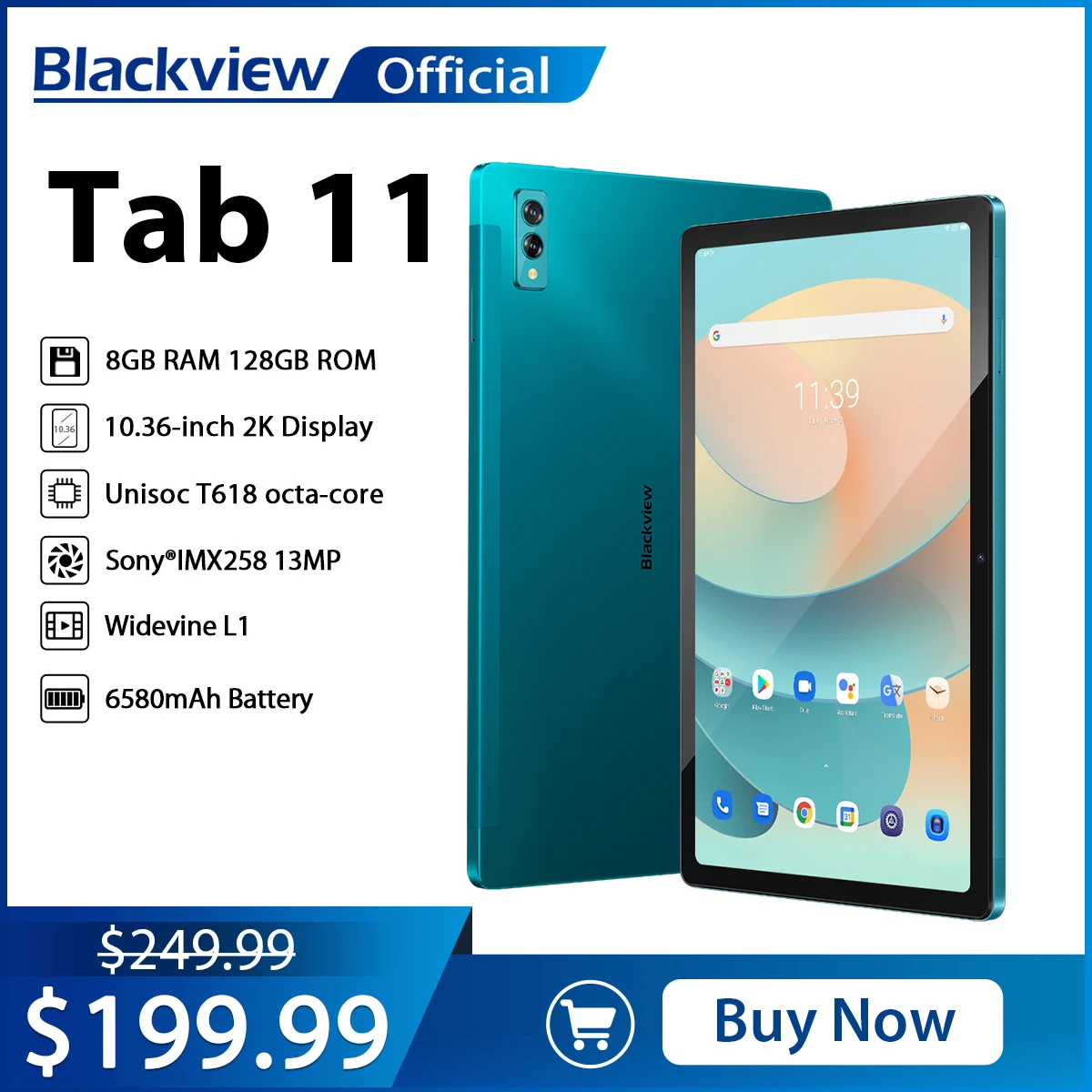 Blackview Tab 11 10.36 Inch 2K Display Unisoc T618 Octa Core 2000*1200 8GB RAM 128GB ROM Android 11 Tablets PC Dual Wifi 6580mAh