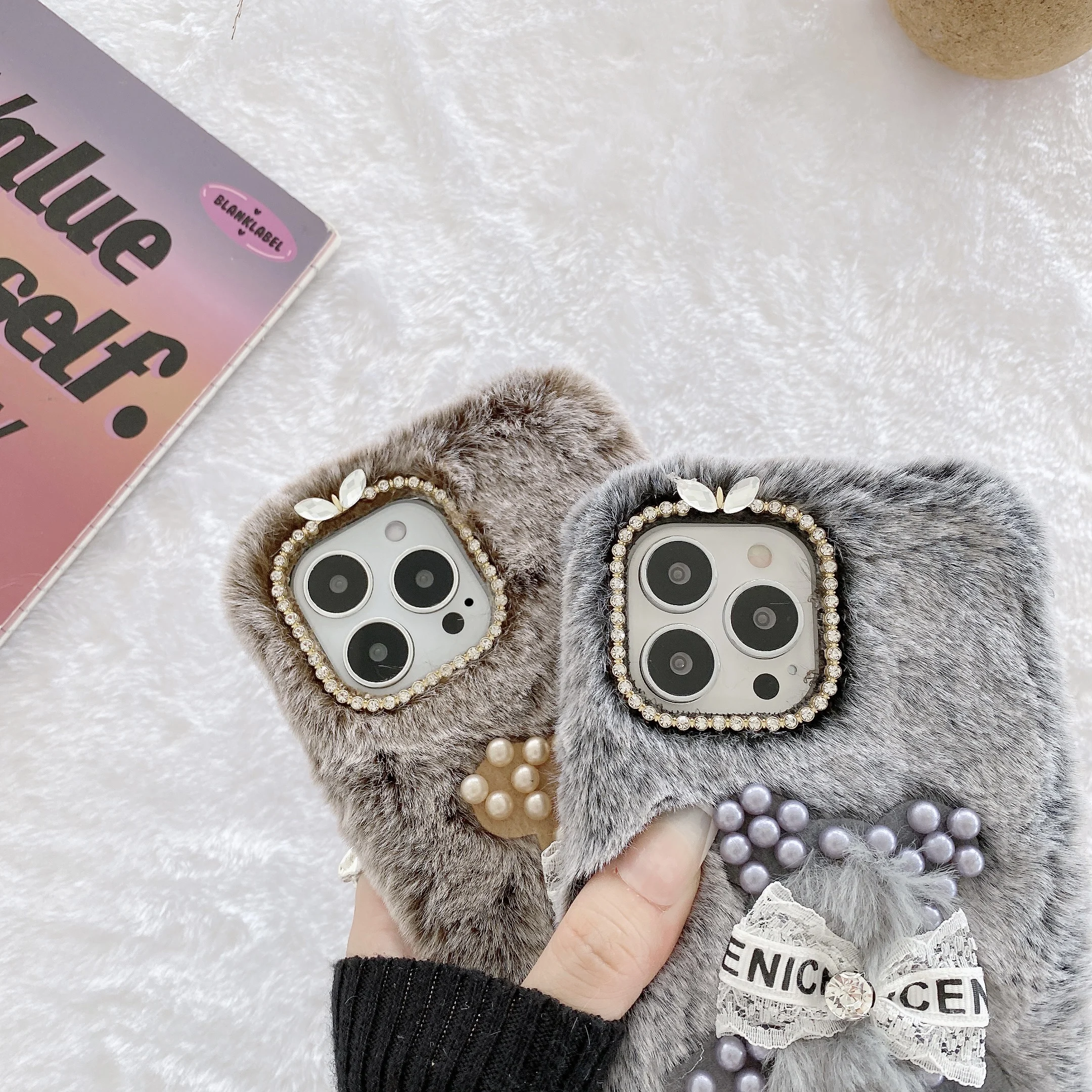 3D милый медведь жемчуг Пушистый Плюшевый Меховой чехол для телефона iPhone 12 11 13 mini