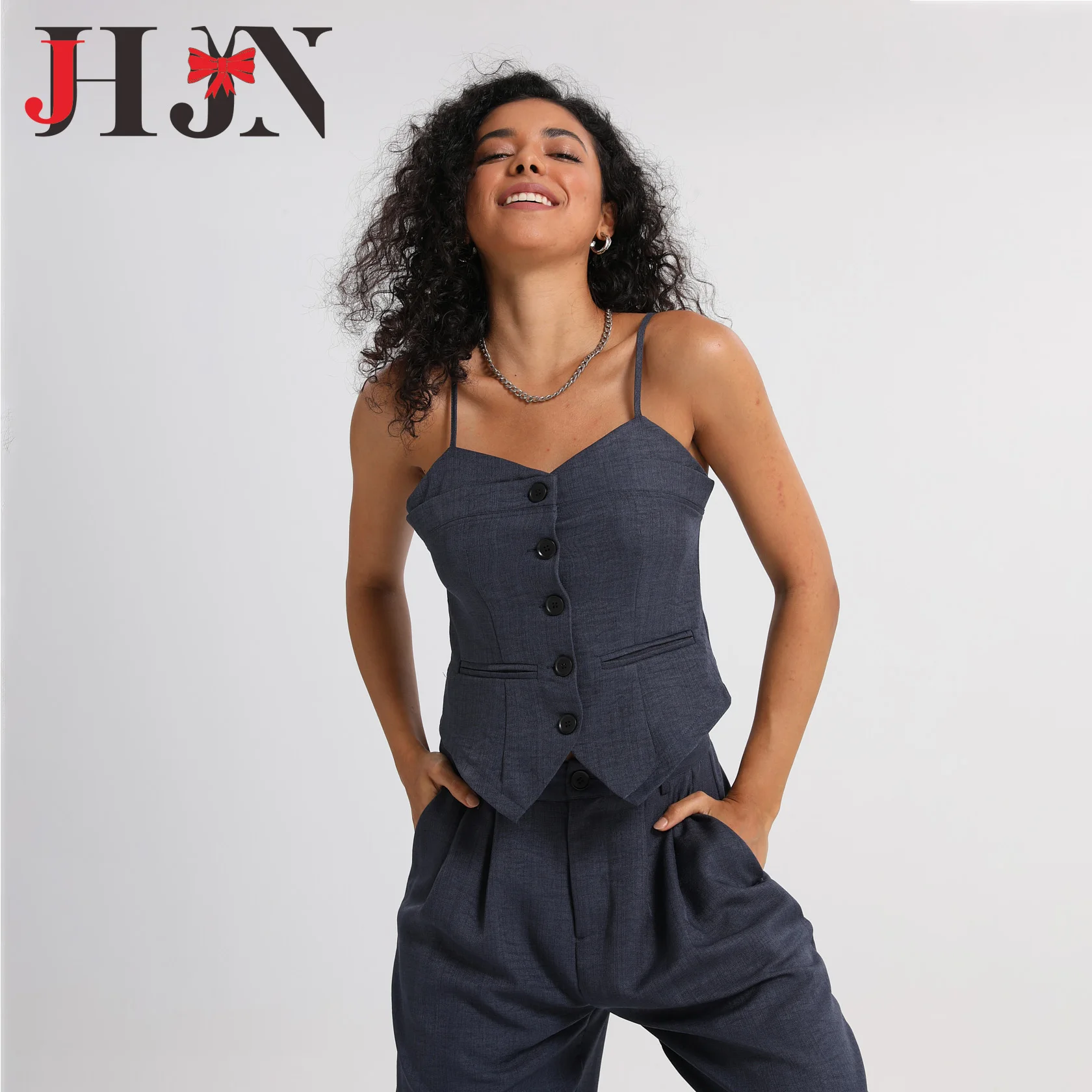JHJN синие женские брючные костюмы однотонные тонкие топы однобортные без рукавов