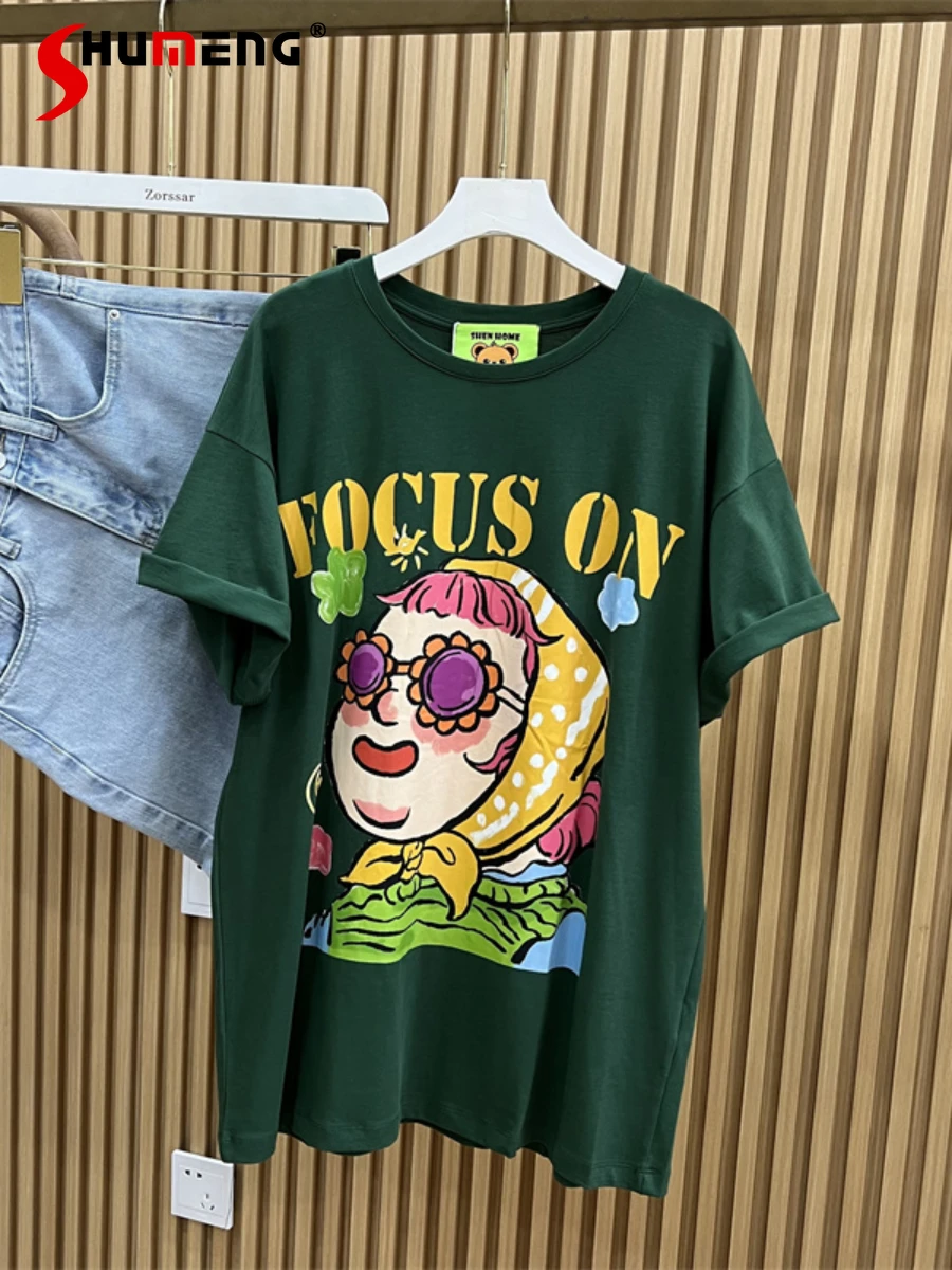 

Женские футболки оверсайз из хлопка с мультяшным принтом, Новинка лета 2022, свободная темно-зеленая футболка средней длины в стиле Харадзюку...