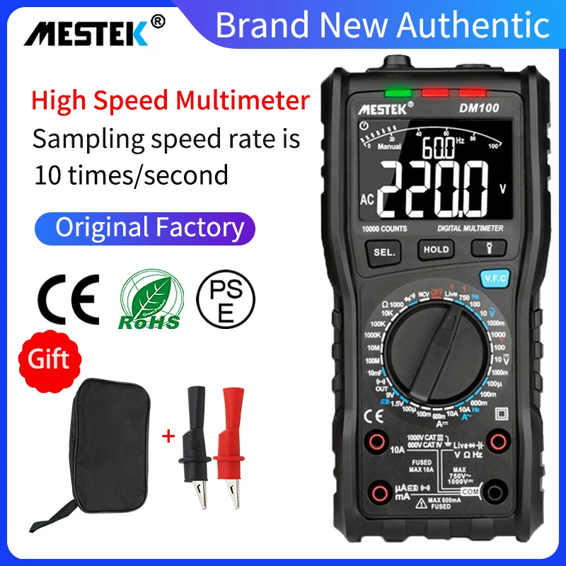 

MESTEK DM100 Digital Multimeter High Speed Smart Double Core T-rms NCV Temperature multimetro Anti-burn Fuse Alarm multimeters