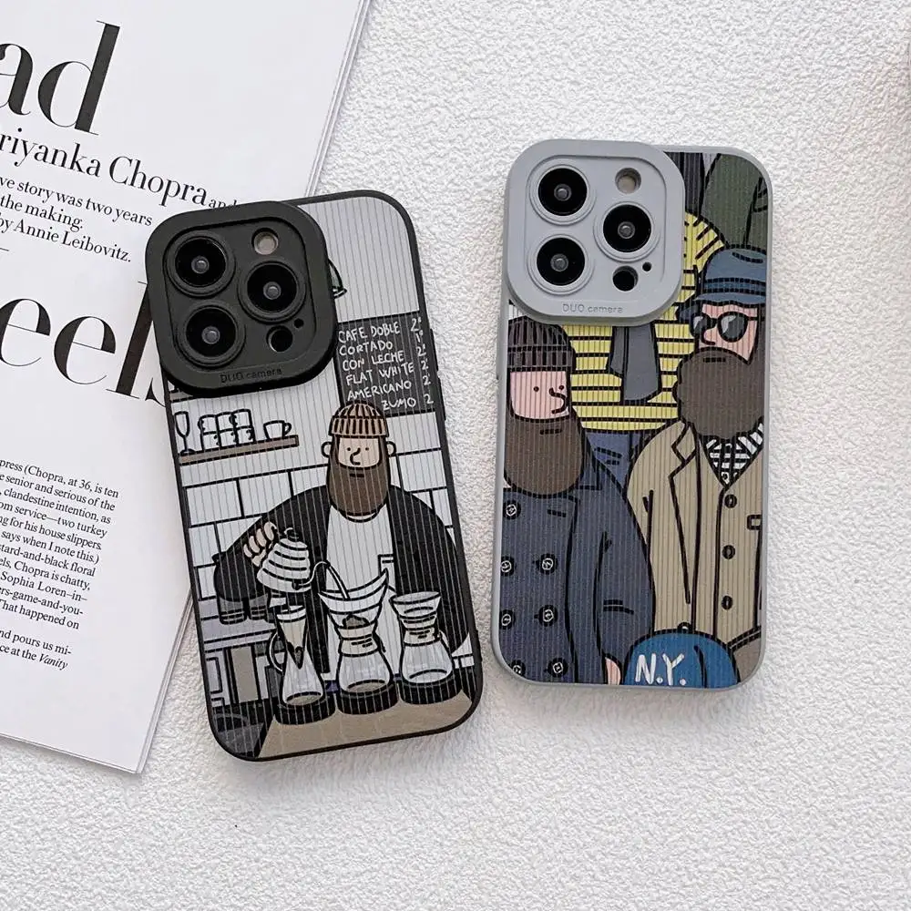 Cartoon Coffee Full Beard Phone Case For iPhone 11 12 13 14 Pro Max XR X XS Camera Protection Soft Shockproof Matte Back Cover