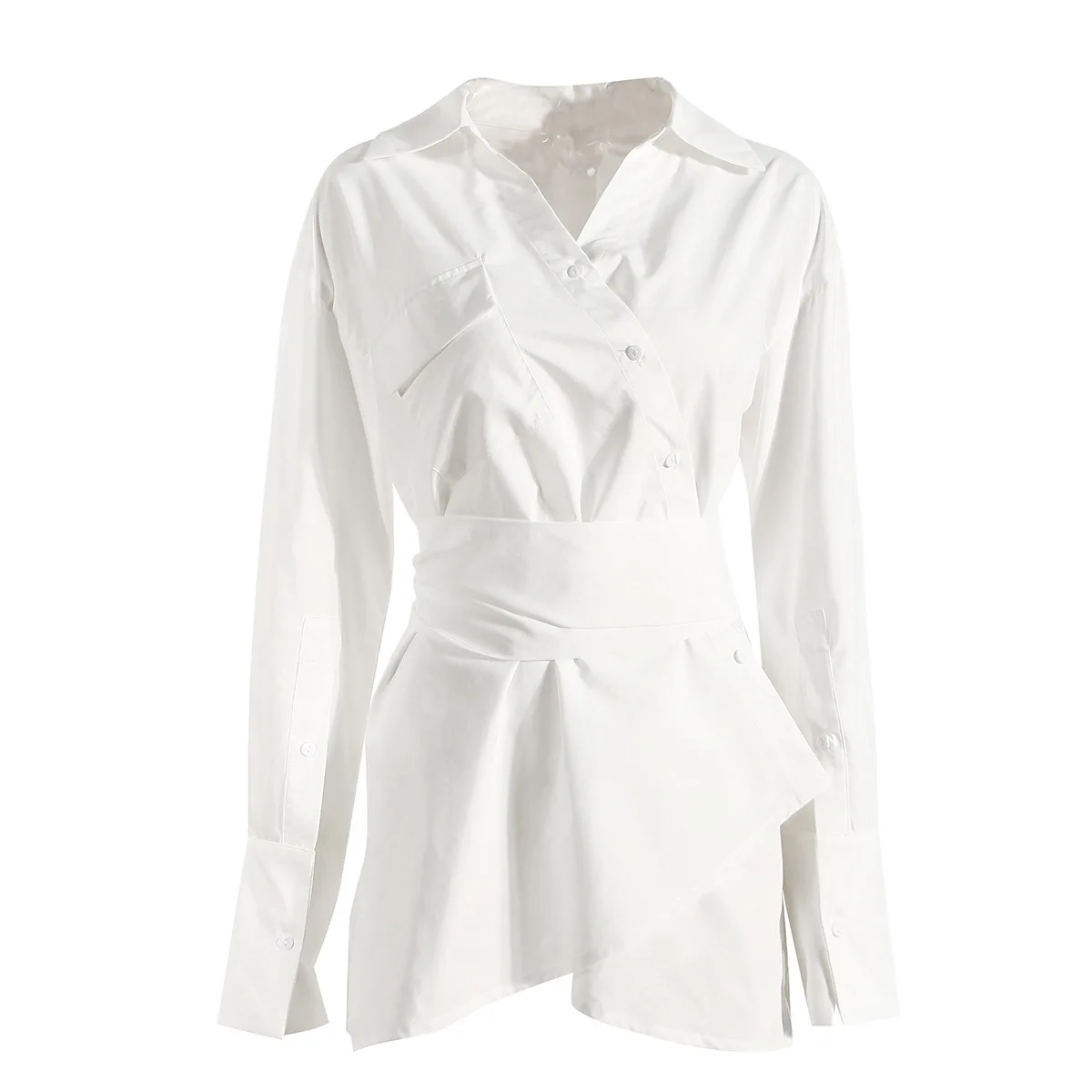 

Original Design Women's Irregular White Shirt Dress With Belt Dancing Girls Full Sleeve Sexy Side Split Mini Dresses