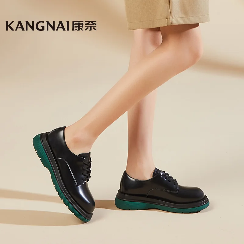 

KANGNAI Leather Shoes Women Lace-Up Oxfords Round Toe Flat Platform Female Chunky Heels Loafers Derby Shoes