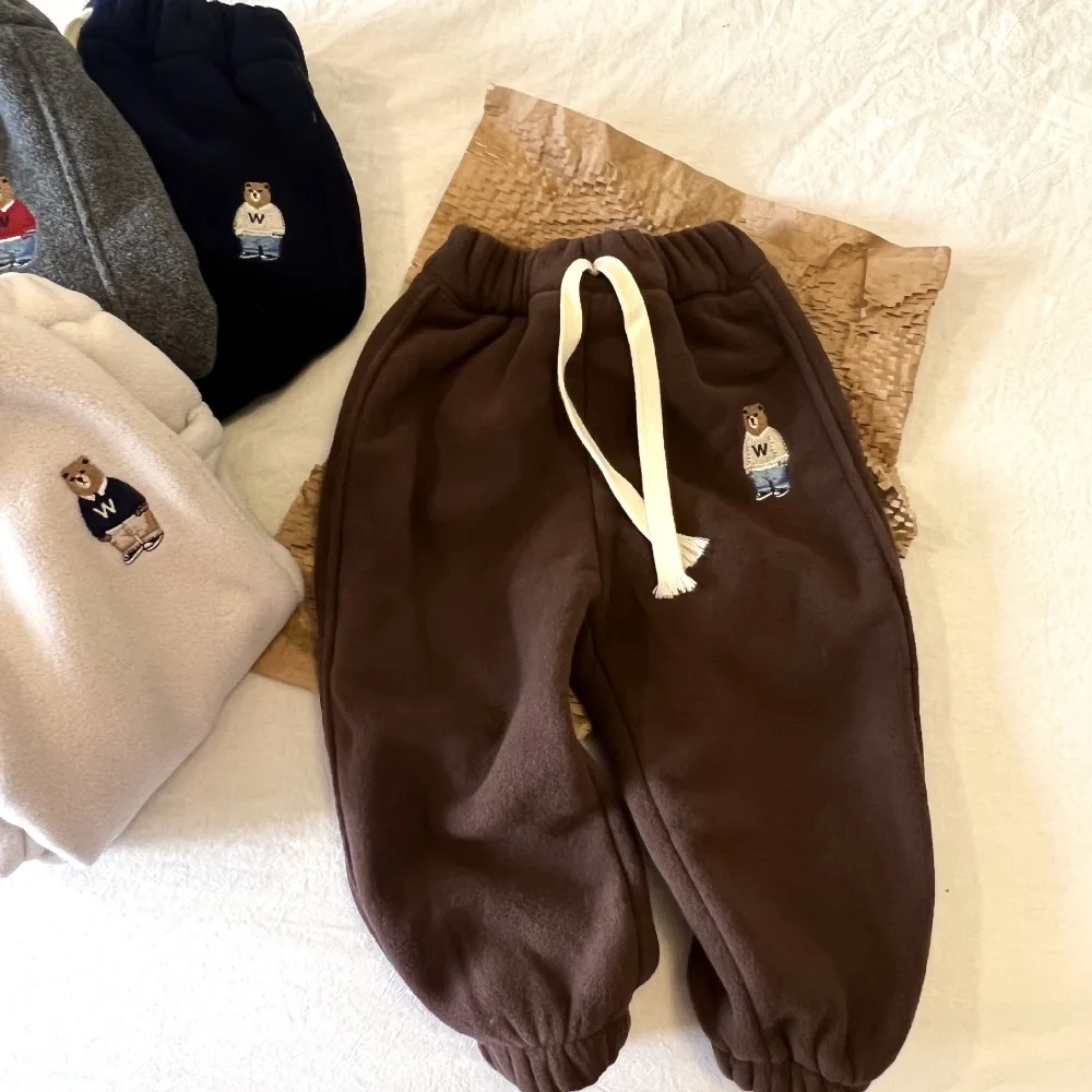 

Детские флисовые брюки, модные брюки с вышивкой медведя, повседневные спортивные брюки для мальчиков и девочек, детская одежда в Корейском стиле, Осень-зима