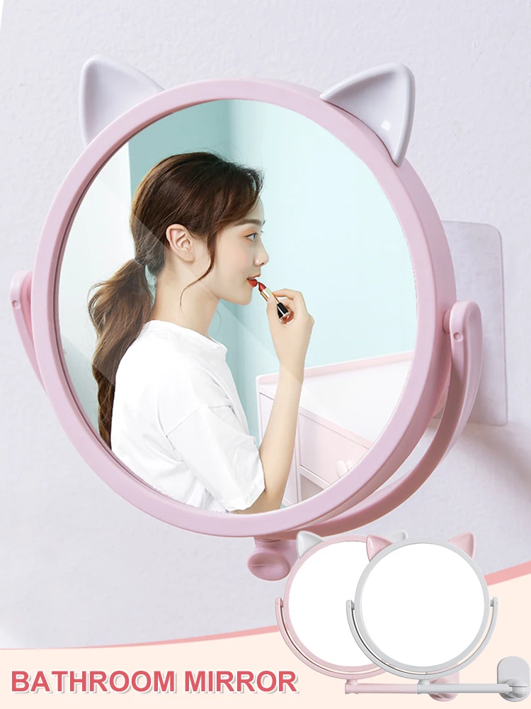 

Cat Ear Makeup Mirror Self-Adhesive Wall Mount Swivel Vanity Mirror for Bathroom Bedroom Gift for Girls Women Easy to Install