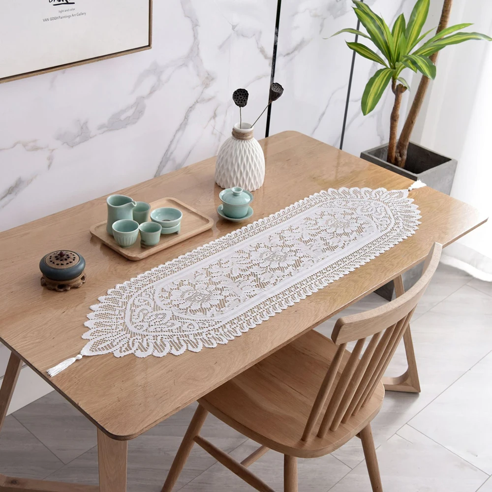 Rectangular Lace Table Runner White Cotton Table Dresser for Dining Coffee Tea End Tables Doilies Cover Home Wedding Party Decor