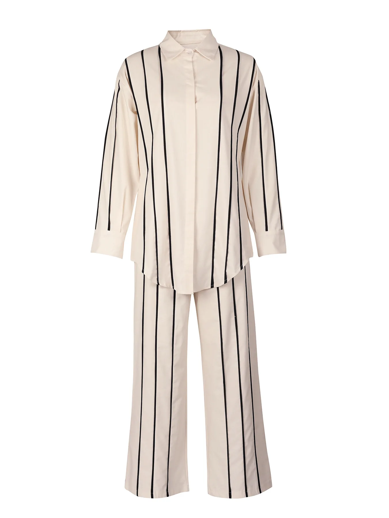 Полосатый женский комплект рубашка с длинными рукавами и карманами прямые