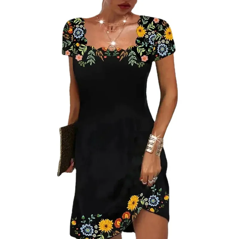 

2022 Summer Women's Wavy Neck Print Short-sleeve Dress Elegant Casual Floral Theme Printed Female Fashionable Knee Length Dress