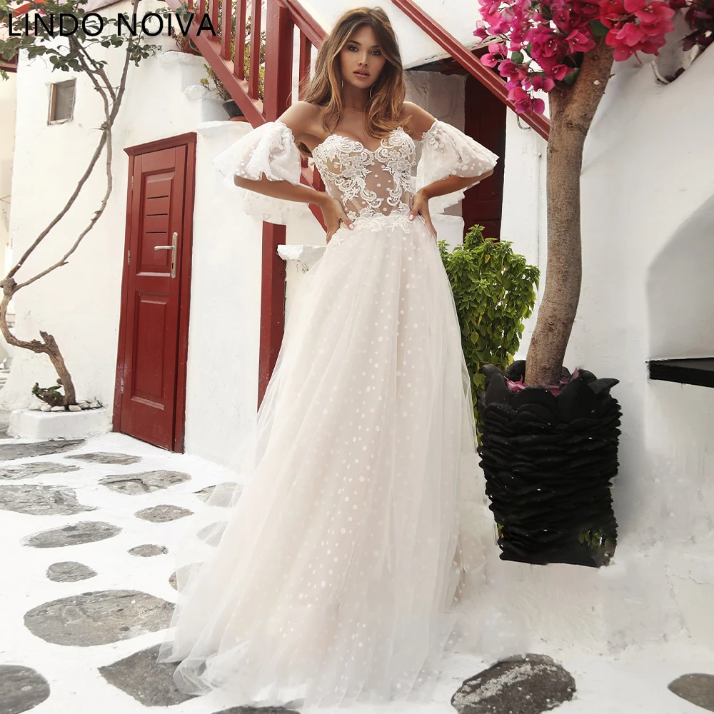 

2023 Charming Dotted Wedding Dresses Puffy Sleeve Women Slit Sweetheart Bride Lace Appliques Vestido De Novia Custom Made
