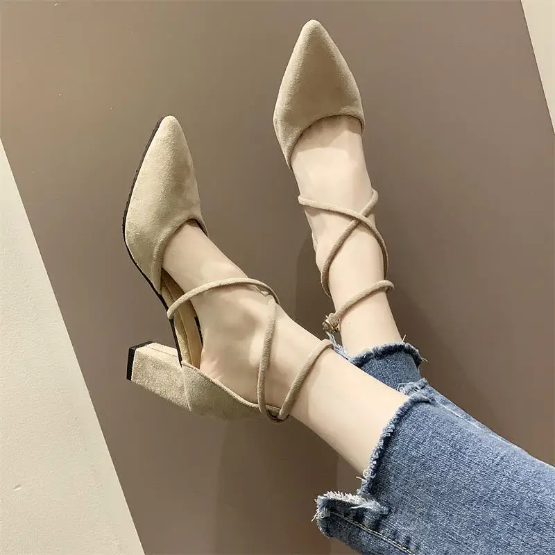 

Sandals Straps High Heels Fashion Womens Shoes 2022 Shallow Mouth Cross Suit Female Beige Cross-Shoes All-Match High-heeled Lux