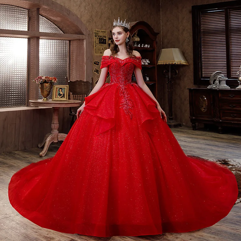 

Свадебное платье, элегантное красное свадебное платье с открытыми плечами, роскошное бальное платье с блестками и аппликацией для невесты