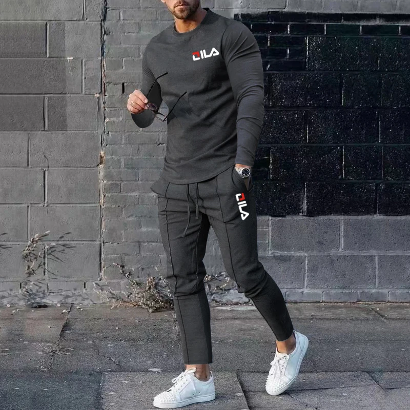 Brand Men's Spring and Autumn Round Neck Casual and Comfortable Top + Sports Trousers Two-Piece Boutique Suit