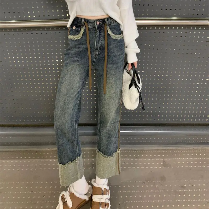 Women Vintage High Waist Versatile Straight Pant for Female Cuffs Denim Jeans Drawcord Trousers Casual Streetwear Clothes