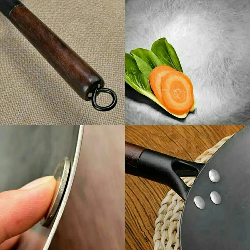 Китайский традиционный железный вок ручной работы большой с деревянной ручкой