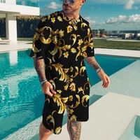 summer newest men t shirt set 3d print gold pattern cool mens clothes outfits casual beach shorts suit street popular tracksuit