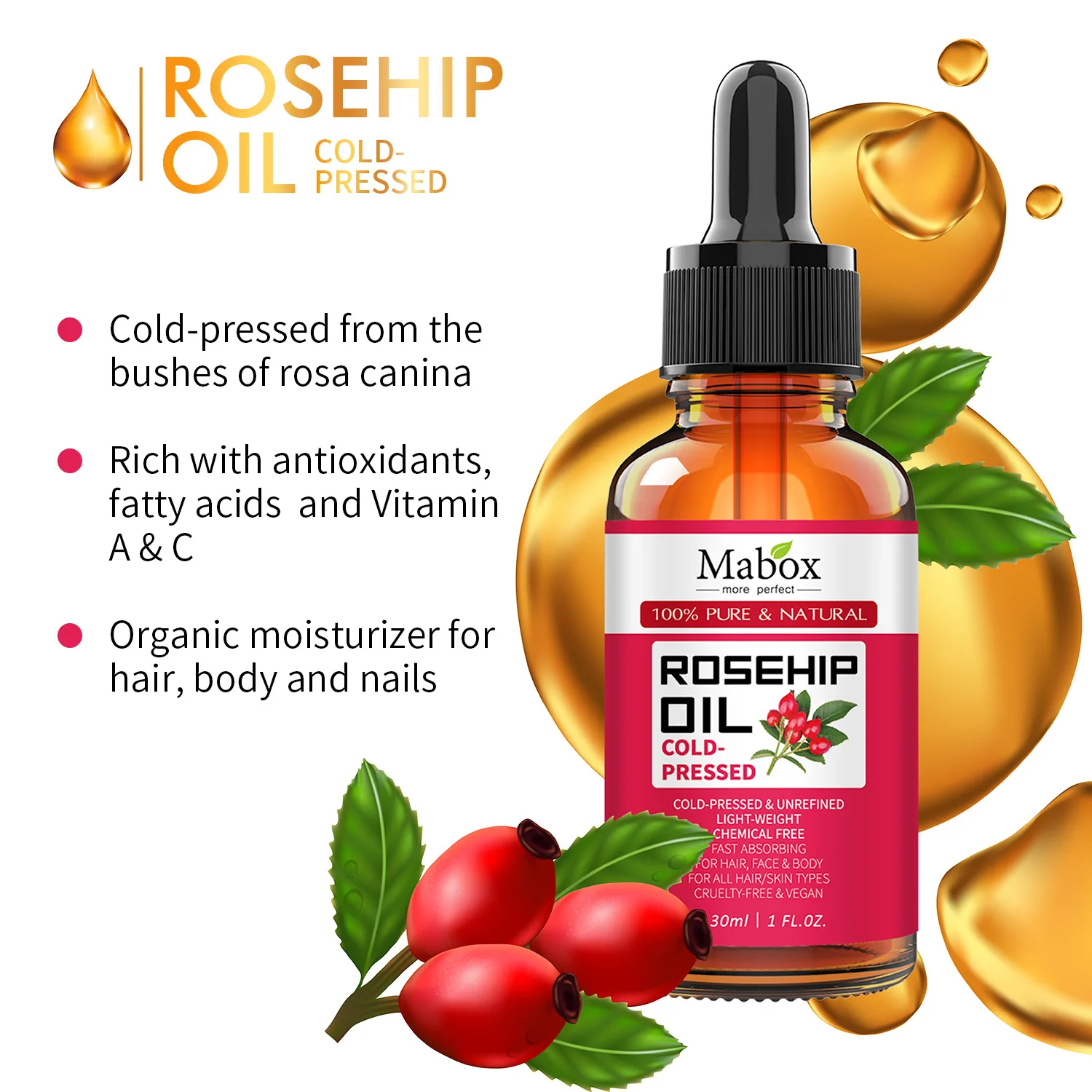 MABOX 30ml Organic Rosehip Seed Oil For Face-Pure Cold Pressed Facial Oil Natural Non-Greasy Moisturizing Face Skin Care Serum