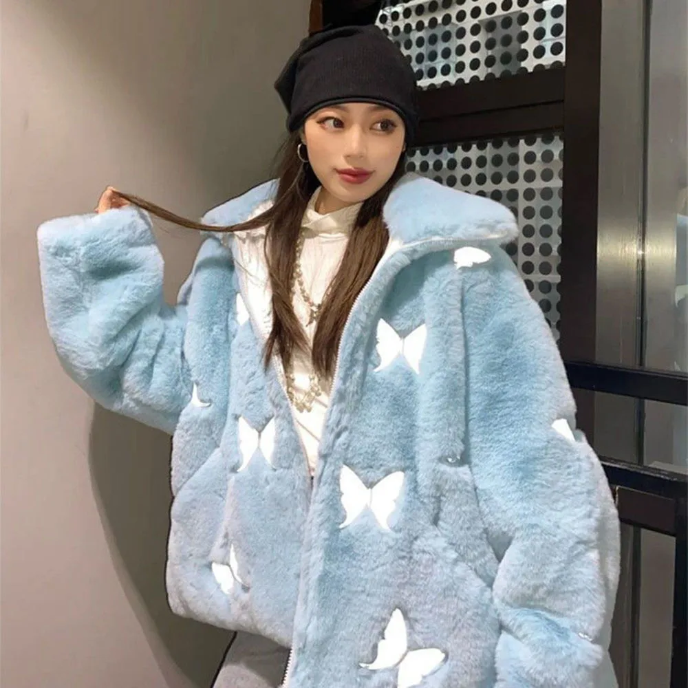 baby blue fur Winter Women's h Reflective Butterfly Imitation Fur Coat Harajuku Casual Street Jackets Female Hip-hop Tops