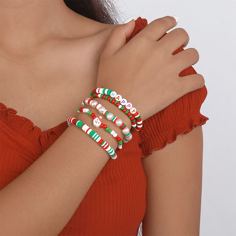 Красочные браслеты для женщин, регулируемый эластичный браслет из мягкой глины, керамики, кисточки, снежинки, Рождественская елка, рождественские украшения