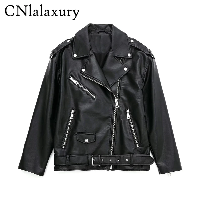 CNlalaxury 2023Women Spring Autumn Black Faux Leather Jacket Casual PU Loose Motorcycle Outwear Female Streetwear Oversized Coat