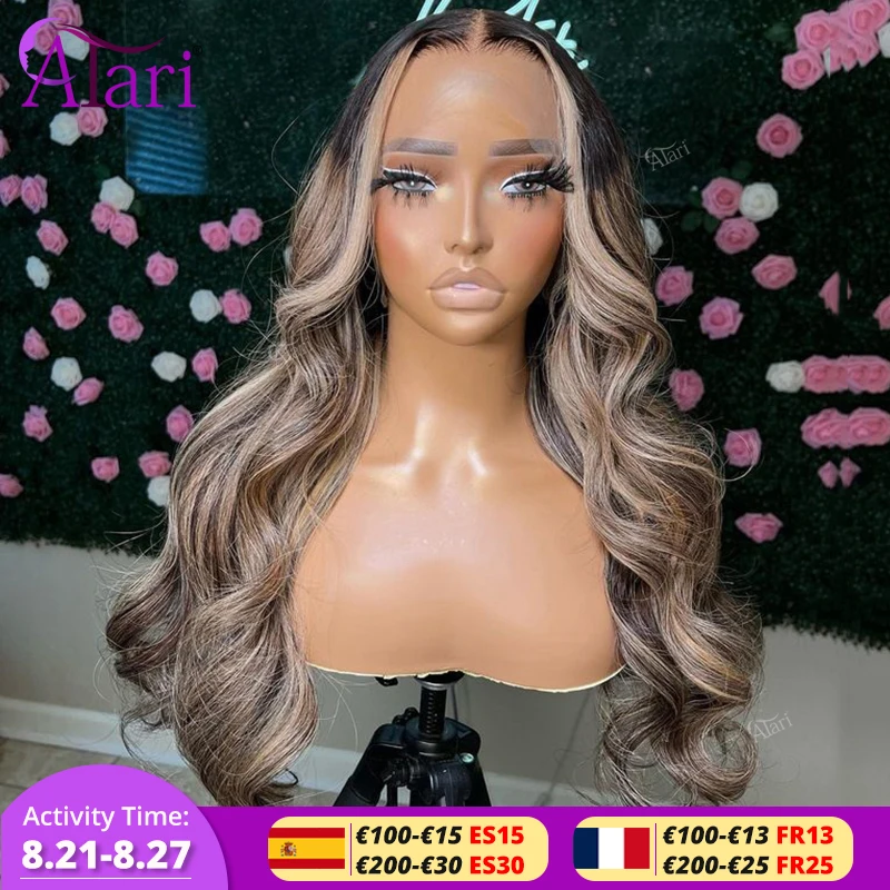 Highlights Ash Blonde Ombre Black roots Human Hair Wigs Transparent 13x6 13x4 Lace Frontal Wig Pre Plucked Brazilian 5x5 Closure
