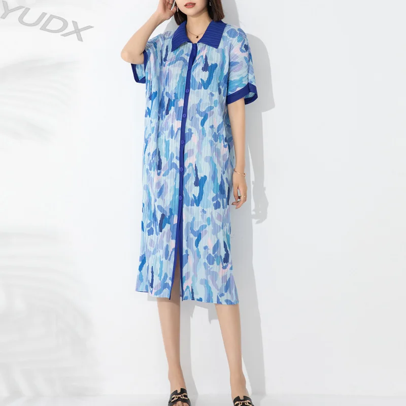 YUDX Pleated Spring Summer New Dress 2023 Fashion Temperament Loose Large Yards Thin Lapel Bat Sleeve Printed Shirt Long Dress
