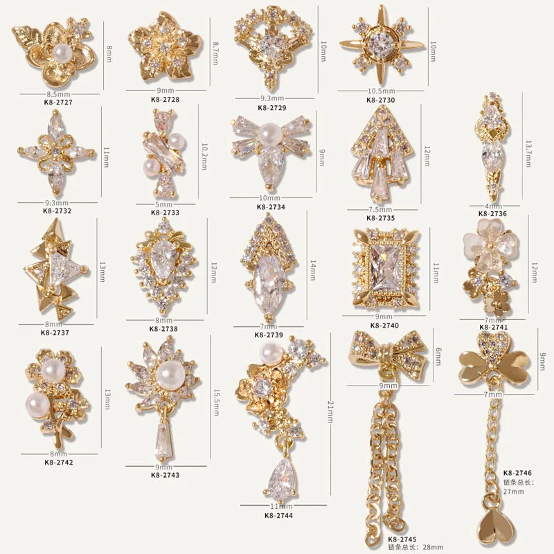 

5Pcs Nail Art Gold Zircon Charms Sparkle Multi-Shapes 2022 Spring Flower Shaped Tassel Designer Charms Luxury Jewelry Decor