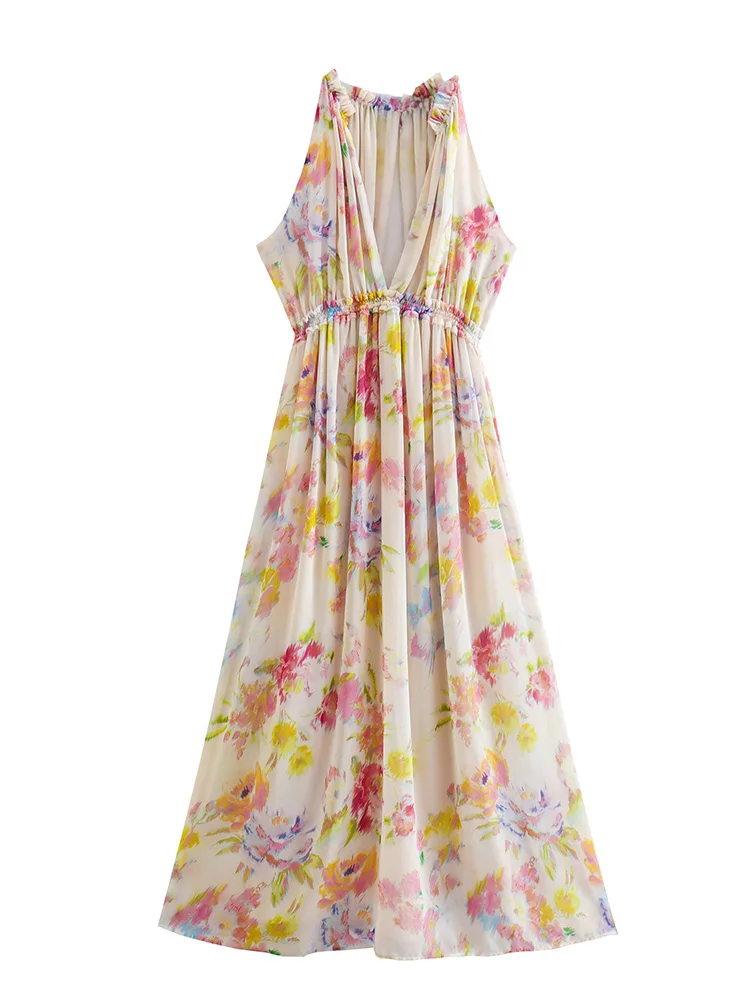 

Летнее платье женское 2022 с оборками на талии винтажное шифоновое платье макси с цветочным принтом, вырезом сзади, глубоким v-образным вырезо...