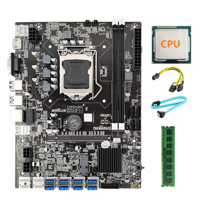 

B75 ETH Mining Motherboard LGA1155 8 GPU PCI-E 1X 16X DDR3 8GB 1600Mhz RAM+Random CPU+6Pin To Dual 8Pin Cable+SATA Cable