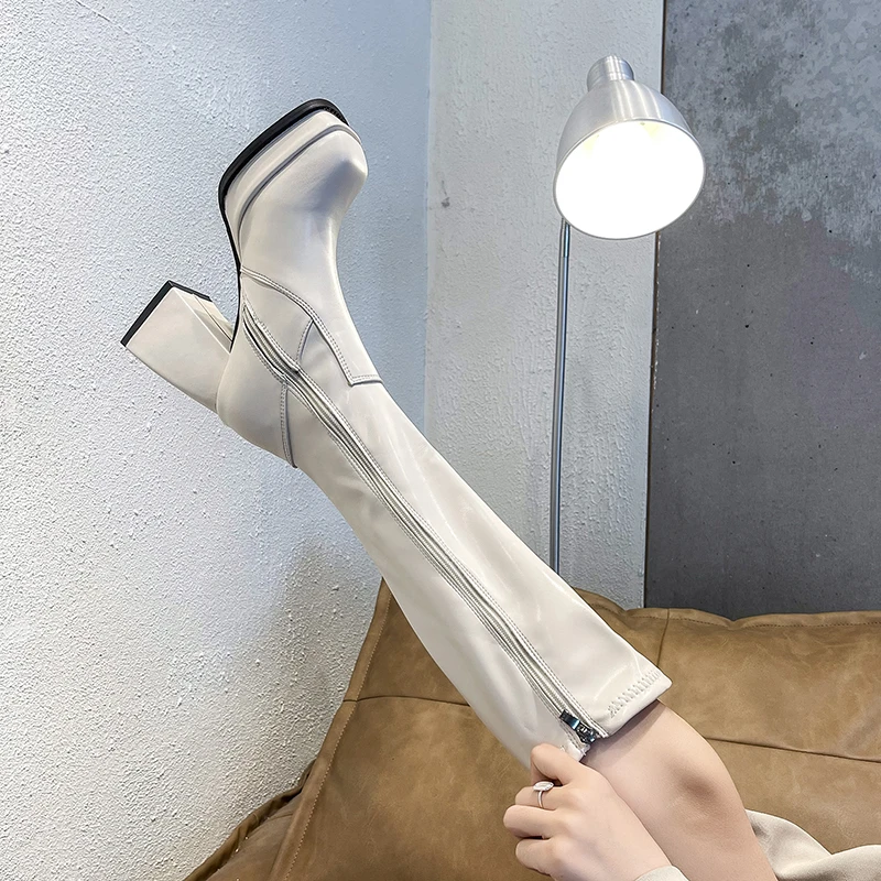 

Women High Knee Boots Platform Shoes Chunky Heels Long Pipe Casual Gothic Demonia Punk Style Women's Combat Pole Dance White New