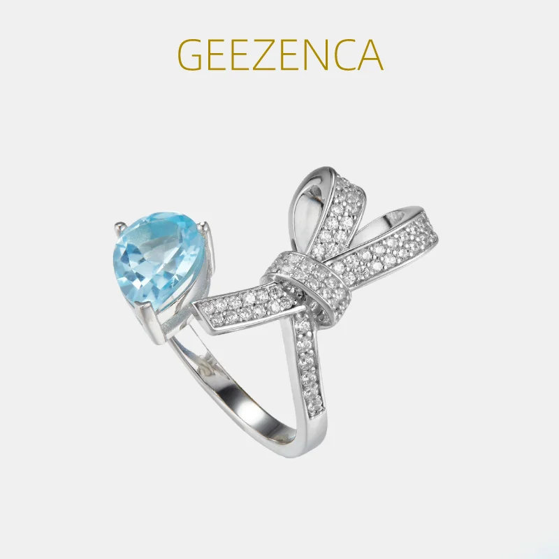 

GEEZENCA Natural Topaz 925 Sterling Silver Bowknot Zircon Rings For Women Pave Setting Blue Stone Big Cocktail Ring 2023 New