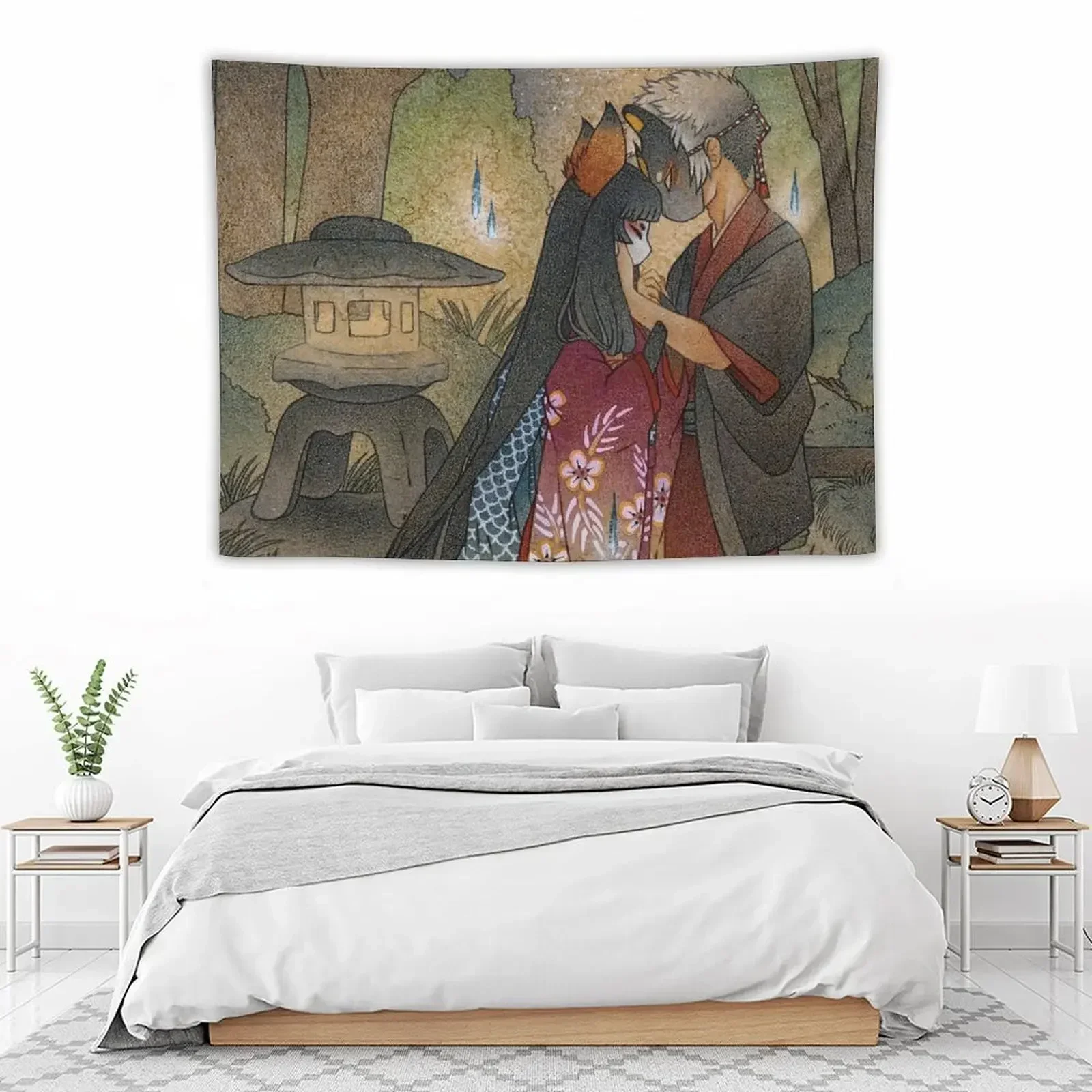 Гобелен Okina и Shiro - Kitsune Yokai TeaKitsune украшения для комнаты Забавный домашний